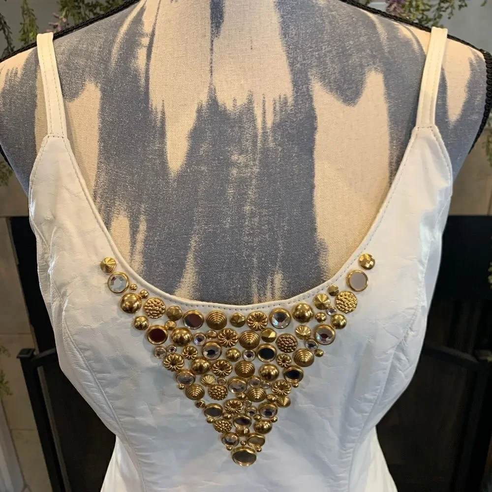 Dangerous Threads Women's 8 white leather with gold bead neck thin strap dress - Picture 2 of 16